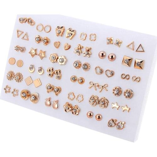 36 Pairs/Set Mixed Style Anti Allergic Cute Animal Star Bow Crystal Stud Earrings Set Gold Color Plastic Small Earring For Women
