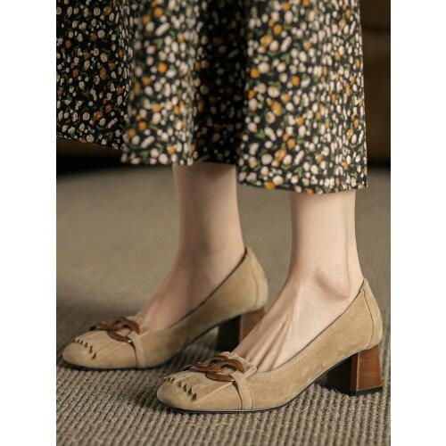 EshtonShero Classic Med Heels Womens Shoes Summer Shoes Ladies Retro Pumps Platform Heels Round Toe Woman Cow Suede Shoes