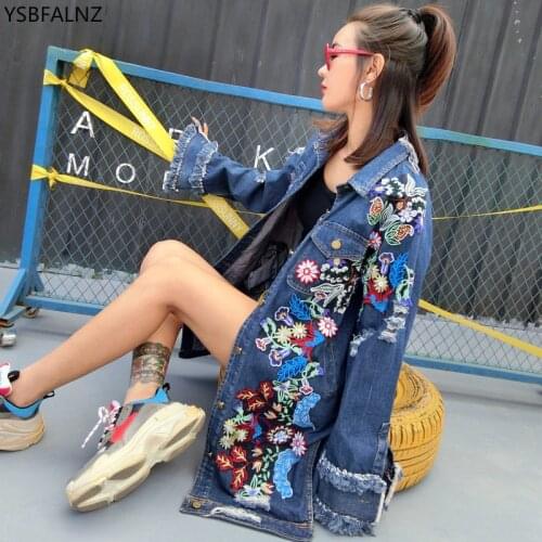 Floral Embroidery Denim Jacket Oversize Coat Women Spring Autumn Ripped Beading Tassel Long Sleeve Jean Jackets 2020 Clothes New