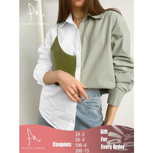 Women Patchwork Shirts Long Sleeve Turn-down Collar Blouse Chic Streetwear Splicing Top Color Contrast Clothes Spring and Autumn