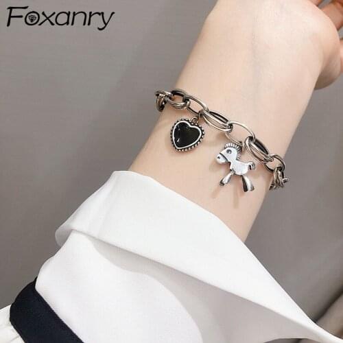 FOXANRY 925 Sterling Silver Bracelets for Women Accessories Trend Vintage Simple LOVE Heart Pony Thick Chain Thai Silver Jewelry