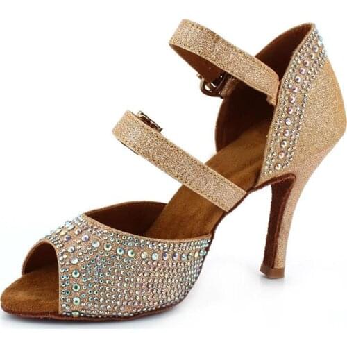 Evkoodance High Heel Latin Shoes Women Gold Glitter Crystal Fashion Latin Salsa Ballroom Dance Shoes for Dancing Wedding Party