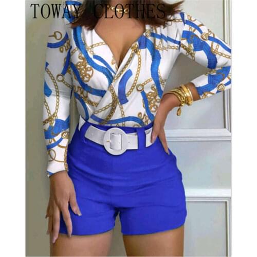 Women V-Neck Brief Casual Flower Printing Long Sleeve Pant Sets Top & Shorts Set