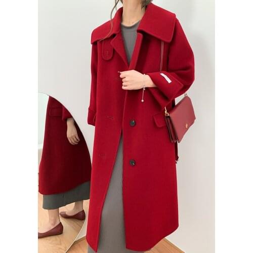 Mid-length navy collar loose waist cashmere coat woolen coat female retro British style new