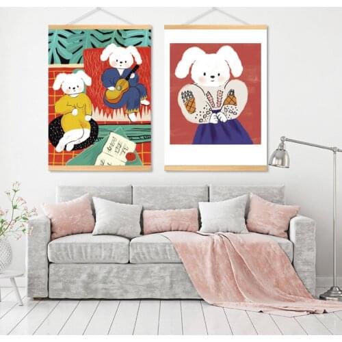 Renaissance Animal Scroll Painting for Living Room Rabbit with Pearl Earrings Canvas Painting Anime Poster Bedroom Wall Decor