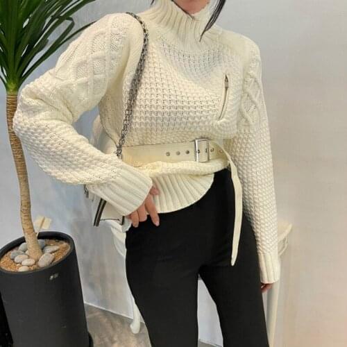 Winter Clothes Women White Fashion Loose High Neck Pullover Sweater Casual Belt Collect Waist Zipper Knitted Sweaters