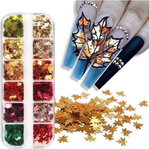 12 Grids Metallic Maple Leaf Nail Art Decorations Fall Leaves Nail Sequin Glitter Flake Halloween Christmas Manicure Accessories