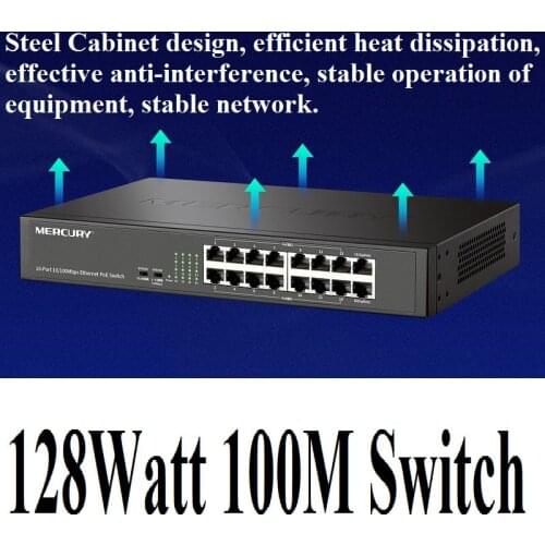 16 Ports 100Mbps MCU VLAN Ethernet PoE Switch Network LAN Hub Full/Half duplex Exchange Auto MDI/MDIX 2 Uplinks 14 PoE 128W