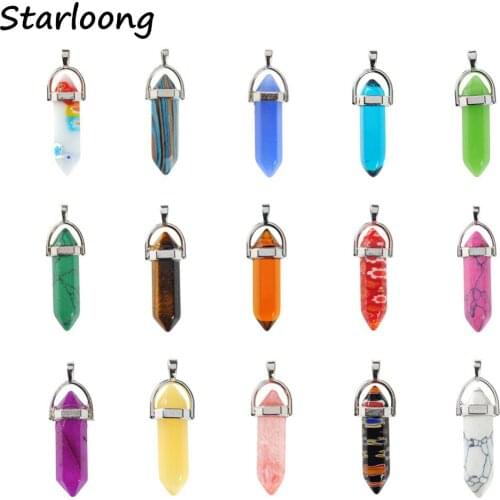 1pc Hexagonal Multi Color Natural Lapis Pink Opal Tiger Eye Crystal Pillar Quartz Column Gem Stone Pendant for DIY Necklace Make