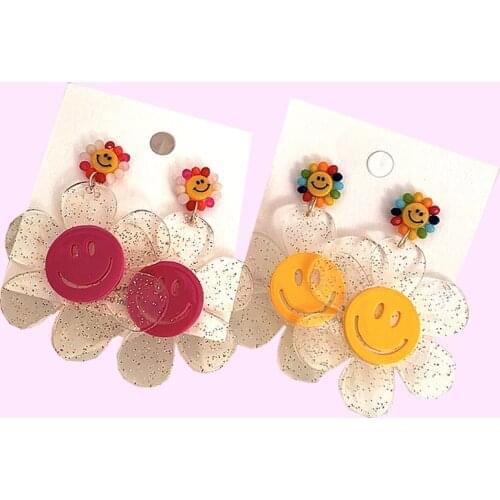 90s Aesthetic Shiny Smiley Earrings for Women Acrylic Vintage Harajuku Rainbow Beads Candy Color Earring Charms Y2K Jewelry New