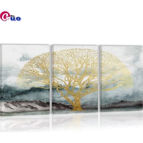 5D DIY Diamond Painting Scenery Triptych Full Round Pictures Of Rhinestones Diamond Embroidery Golden Blue Modern Abstract Tree