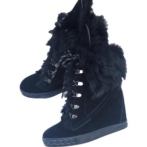 Winter Warm wool Fur Snow Boots Black Leather Women Wedge Ankle Boots Lace Up 8CM Height Increasing Outdoor Casual Shoes Woman