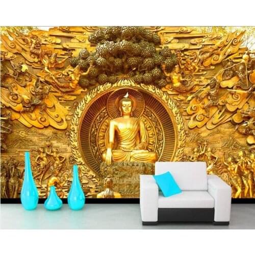 Golden Buddha Buddhist Temple Mural Custom Large Living Room Screen Background Wall Wallpaper 3D Stereo Wallpaper
