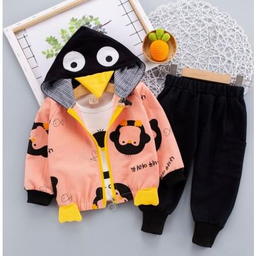 Spring Autumn Baby Boys/Girls Clothes Sets Kids Fashion Cartoon Penguin Casual Coat+Shirt+pants 3pcs Toddler Cute Suits Outfits