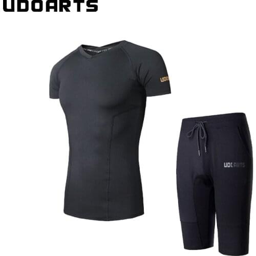 Udoarts Compression V-Neck Shirt and Ponte Fabric Shorts With Zippers - Fitness Yoga Running Training Suit for Men