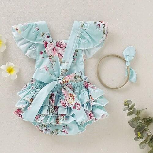 0-18M Summer Newborn Baby Girls Clothes Cute Floral Rompers Set Flare Sleeve Jumpsuit With Headband