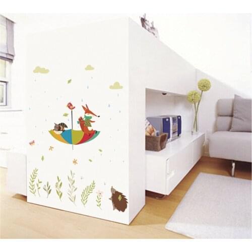 Cute Animals Fox Birds In Umbrella Wall Sticker For Kindergarten Kids Room Home Decoration Diy Cartoon Safari Mural Art Decals