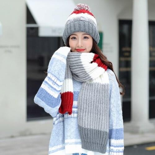 Fashion Two-Piece Sets Hats Scarf Winter Thicken Pompon Knitted Hats Casual Elegant Warm Caps With Hairball Beanies Skullies