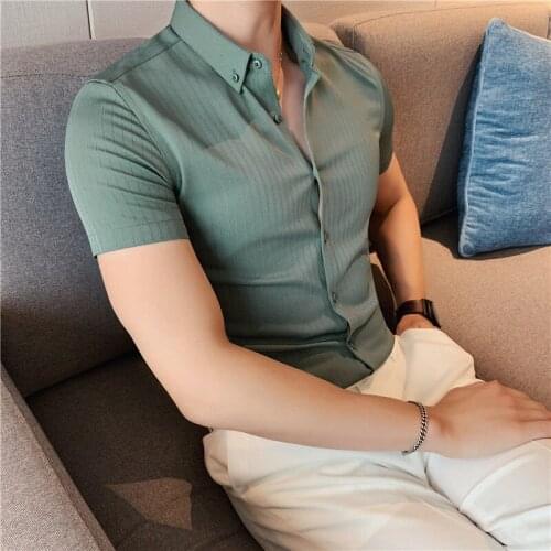 Mens Shirt Summer Dark Stripe Short Sleeve Korean Trend Slim Coat Business Solid Color Fashion The New Listing
