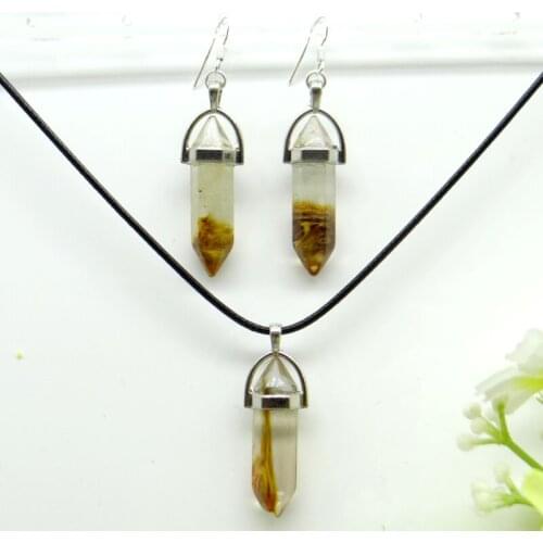 Natural Stone Quartz Crystal Opal lapis Mix stone Hexagonal Column Pendant Leather Chains Necklace Earrings charm Jewelry 1set