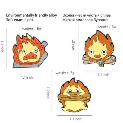 New 20Pcs 3 Styles Howls Moving Castle Calcifer Wood Alloy Brooch Badge Lapel Toy