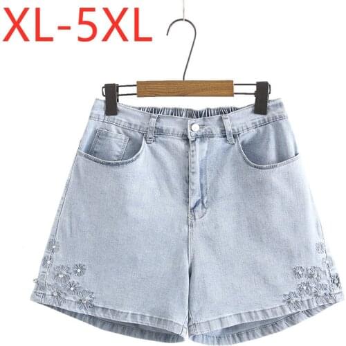 New 2021 Ladies Summer Plus Size Jeans Shorts For Women Large Slim Elastic Cotton Blue Beads Pocket Denim Shorts 2XL 3XL 4XL 5XL