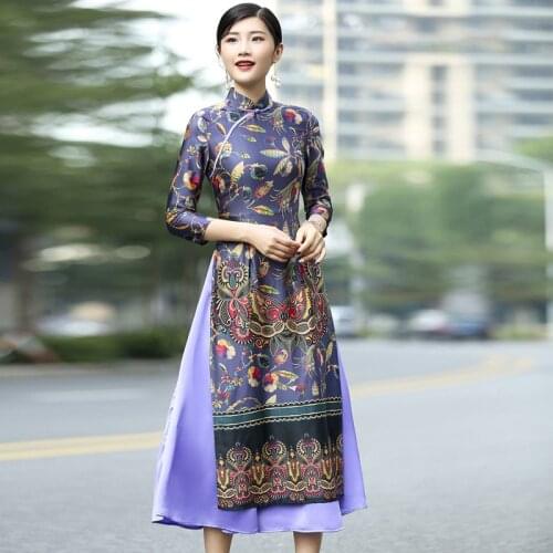 2020 spring and autumn new Vietnamese Ao Dai black national print cheongsam