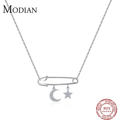 Modian Exquisite Booch Trendy Necklace 925 Sterling Silver Pin Star Moon Dazzling Chain Necklaces Pendant For Women Jewelry Gift