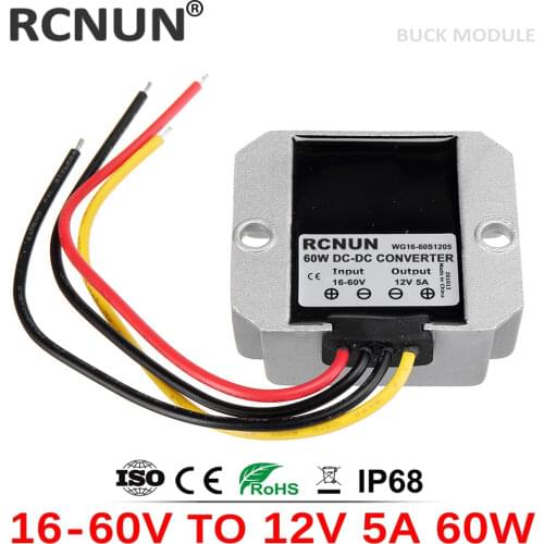 24V 36V 48V to 12V 3A 5A DC-DC Buck Converter 16-60V to 12V 60W Step Down Power Regulator for Car Vehicles Forklifts