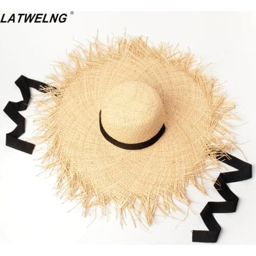 Long Ribbon Banded Raffia Hats For Women and children Fashion Dome Oversized Beach Hat Outdoor Summer Shade Sun Hat Parent-child