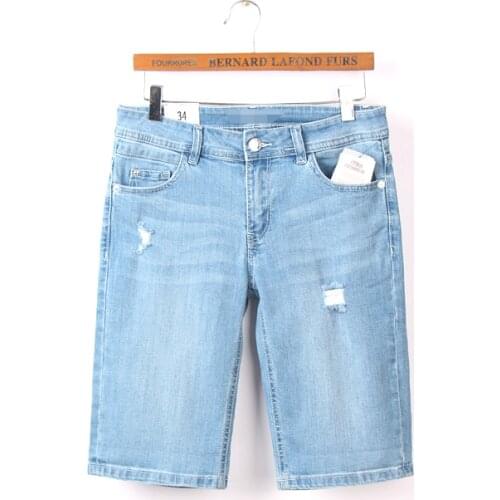 Summer women fashion straight style water wash ripped casual denim shorts female trendy bleached knee length jean cotton bottom