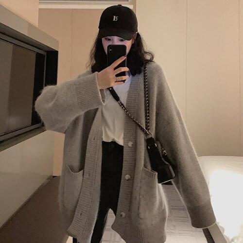 Korean Sweet Elegant LooseThicken Knitting Women Sweaters 2020 Autumn Vintage Cardigan V-Neck Buttons Ruffles Ladies Outerwear