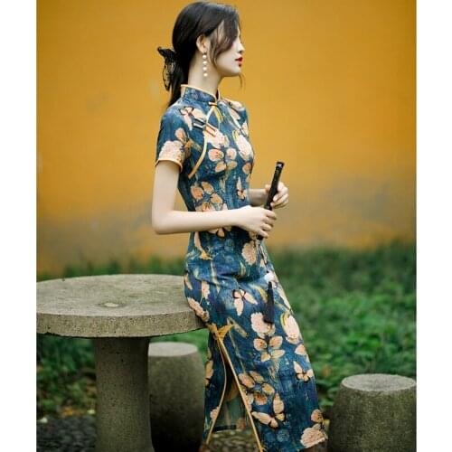 Vintage Cheongsam Summer Fashion Chinese Elegant Style Butterfly Floral Printing Slim Thin Sexy Dresses New Party Clothing Qipao