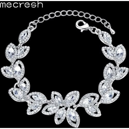 Mecresh Leaves Crystal Charm Bracelets for Women Silver Color Rhinestone Bridal Engagement Pulseras 2018 Wedding Jewelry SL046
