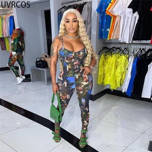UVRCOS Hipster Print Skinny Women Jumpsuit Sexy Fashion Seelveless Camisole Round Neck Skinny Fitness Streetwear Female Clothing
