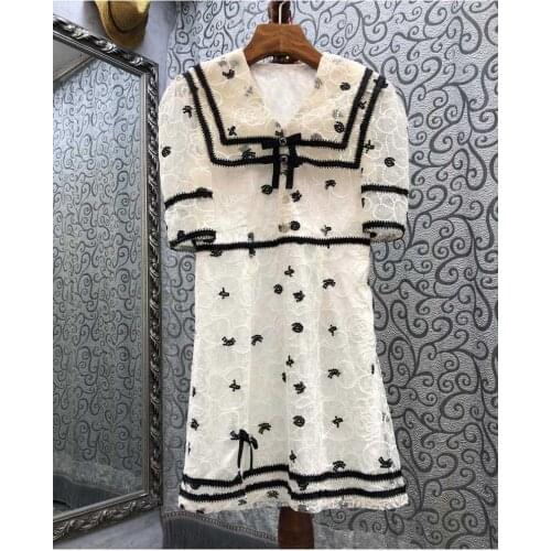 High Quality Lace Dress 2021 Autumn Party Vestidos Special Occasion Women Turn-down Collar Allover Exquisite Embroidery Dress