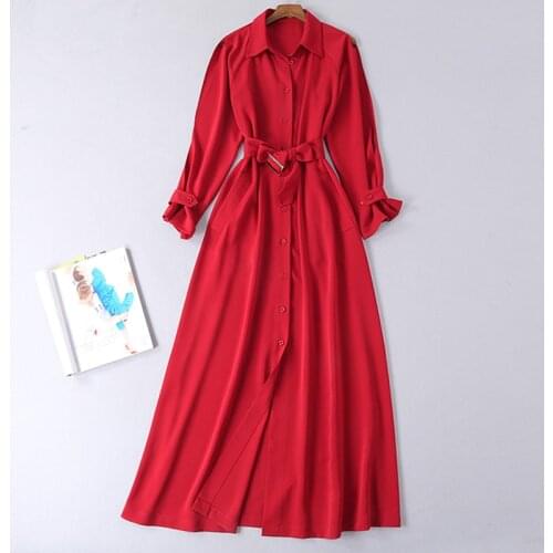 Fashion HIGH QUALITY 2021 New Designer Runway Dress Womens Lomg Sleeve Single-breasted Sashes Shirt Collar Red Maxi Long Dress