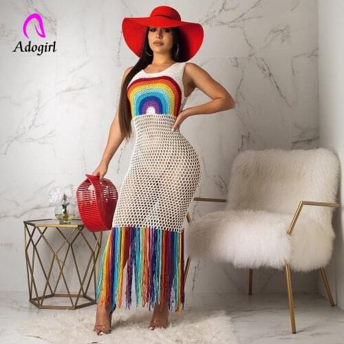 Rainbow Color Sexy Sleeveless See Through Handmade Knitted Tassel Beach Dress Covers Women Stretchy Mesh Summer Dress Clubwears