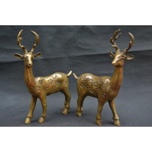 Antique collection Qing Dynasty copper running Sika deer statue,best collection&adornment,A PAIR,Free shipping