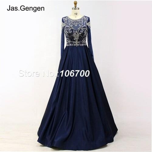 Real Photos Long Sleeves Ballgown Evening Dresses O Neck Hand Make Crystal Beading Sheer Illusion Long Arabic Pageant Prom Gowns