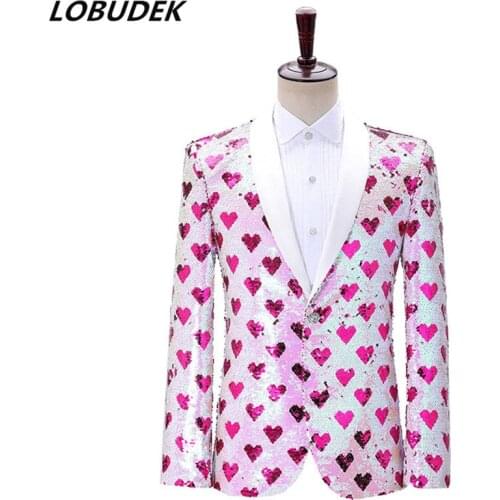 Bar Stage Performance Male Singer Dancer Tuxedo Blazer Pink Double Side Sequin Suit Jacket One Button Slim Evening Party Costume