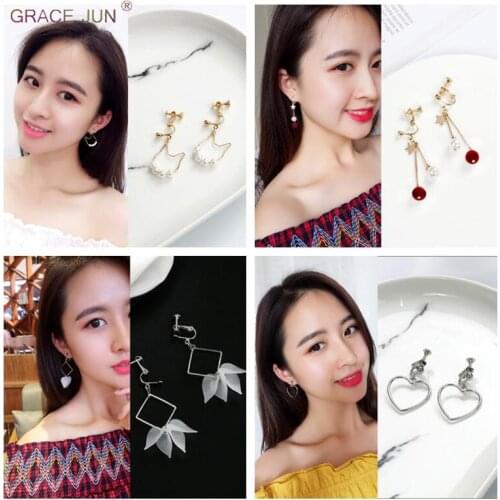 GRACE JUN Wholesale Clip on Earrings No Pierced for Women Fashion Star Heart Geometric Style Screw Clip Earrings Not Allergy New