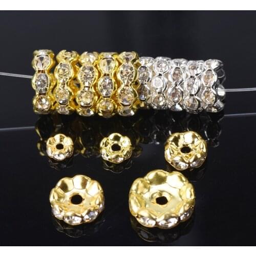 50pcs Flat Round 5mm 6mm 8mm 10mm 12mm Crystal Glass Rhinestones & Metal Loose Spacer Beads for Jewelry Making DIY Crafts