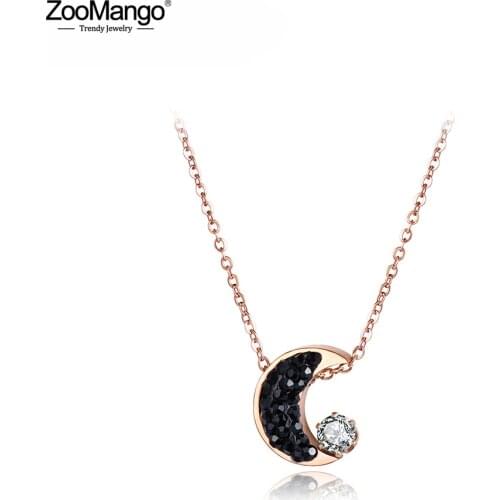 ZooMango Trendy Cubic Zirconia Moon Chokers Necklaces For Women Rhinestone Rose Gold Stainless Steel Pendant Jewelry ZN18036
