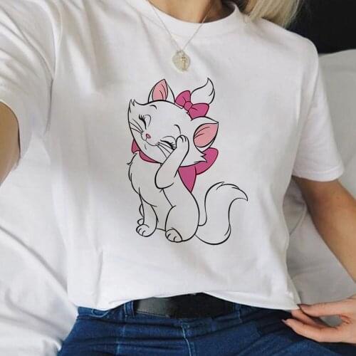 Kawaii Marie Cat Prints Tshirt Women Short Sleeved T Shirt Disney The Aristocats T-shirt Girl Fashion Harajuku Tops Dropship
