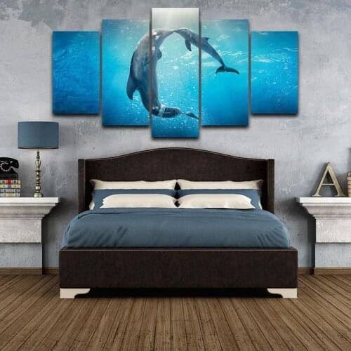 Framed Pictures HD Printed Canvas Painting Living Room Wall Art 5 Pieces Marine Animal Kissing Dolphins Poster Painting