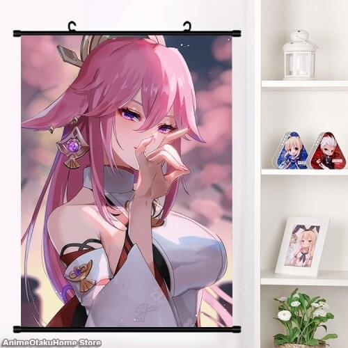 HOT Anime Game Genshin Impact Yae Miko HD Wall Scroll Roll Print Painting Poster Home Decor Collectible Art Gift 60*90 cm