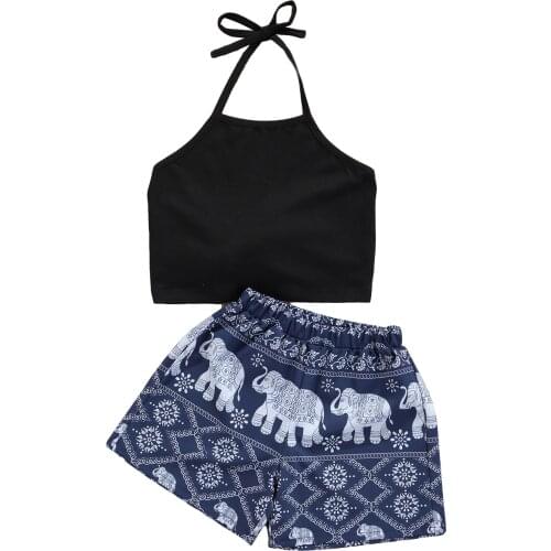 1-6Y Summer New Fashion Kids Girls Clothes Sets Toddler Baby Casual Sleeveless Backless Tops Elephant Shorts 2pcs Children Suit
