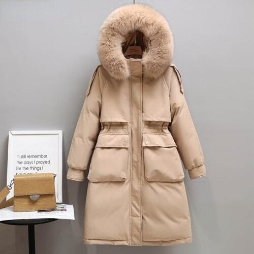 Winter Women Long Jacket Large Natural Fur Collar Hooded Parkas 90% White Duck Down Coat Thickness Snow Warm Outwear