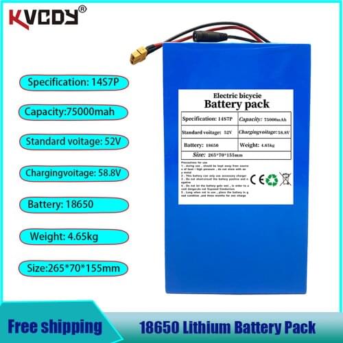 52V 14S7P 75000mAh 18650 2000W lithium battery for balance car, electric bicycle, scooter, tricycle